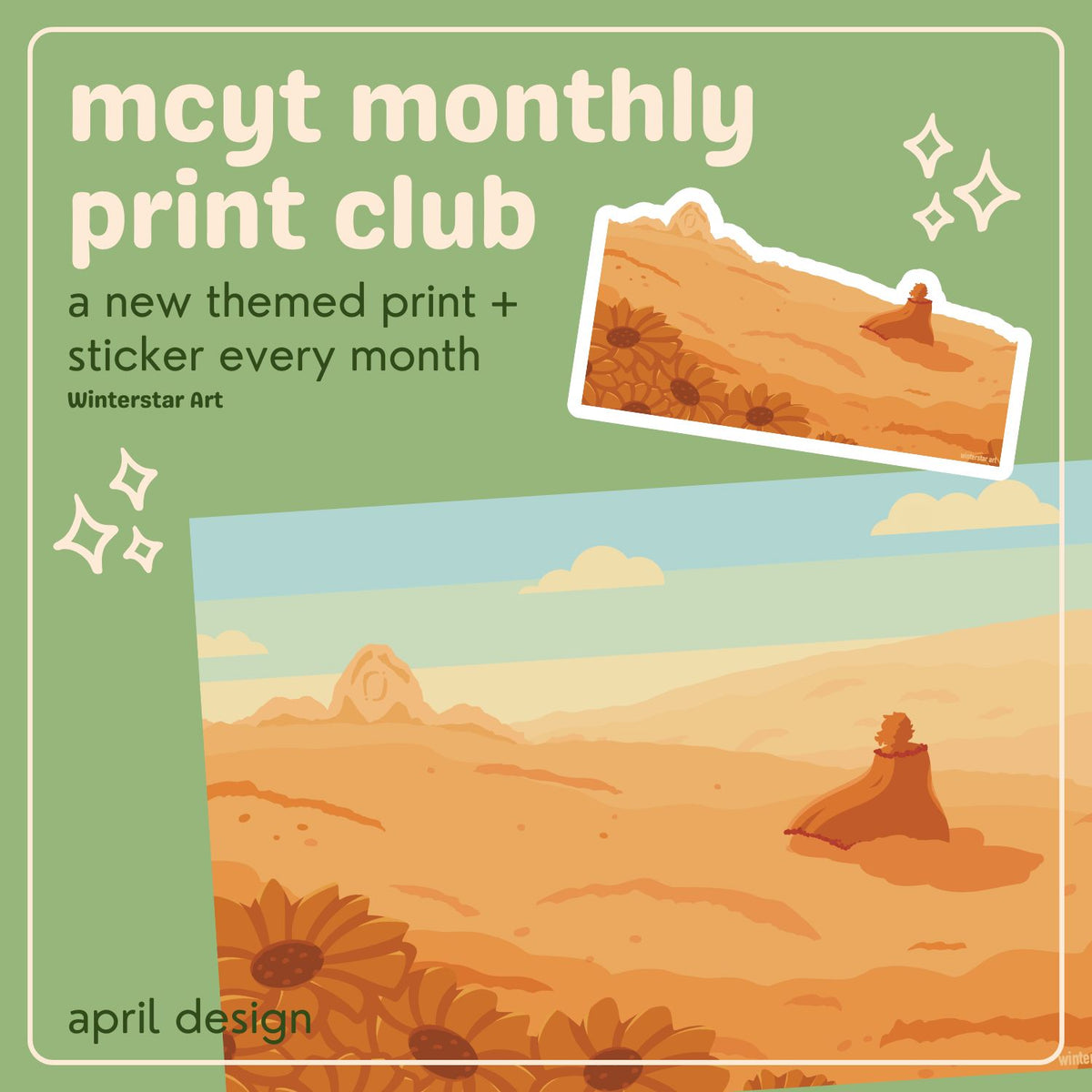 Promotional graphic for mcyt monthly print club with desert scene and sunflowers.