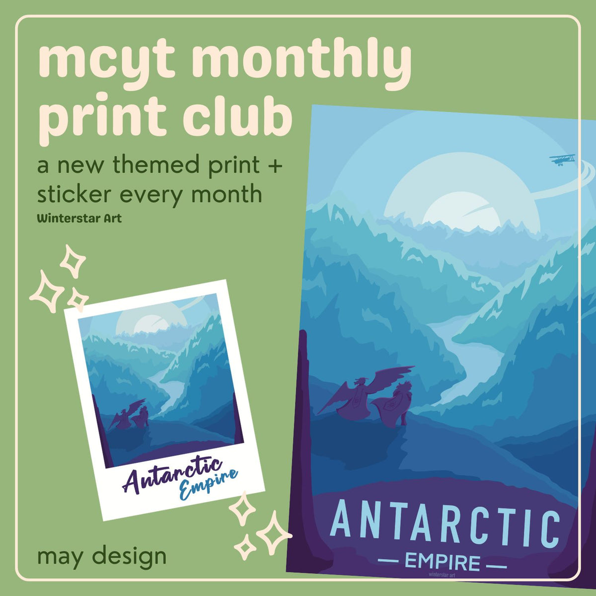 Promotional graphic for mcyt monthly print club with mountain-themed design and text.